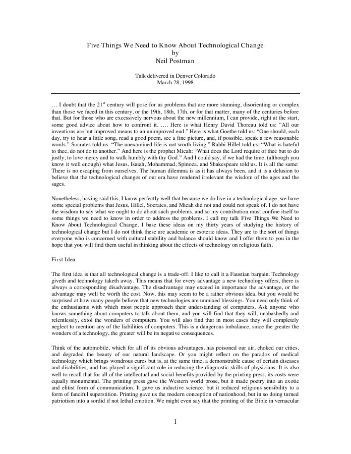 First page of Five things we need to know about technological change by neil postman