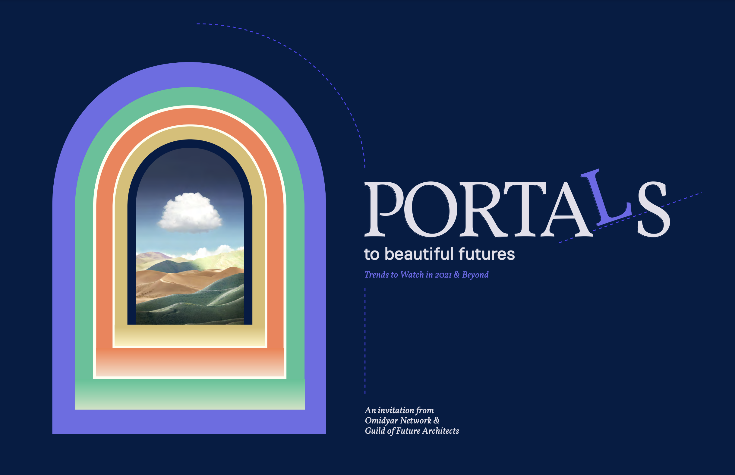 Slide from a presentation with the picture of a door surrounded by colorful borders and the title "Portals to a New Future"